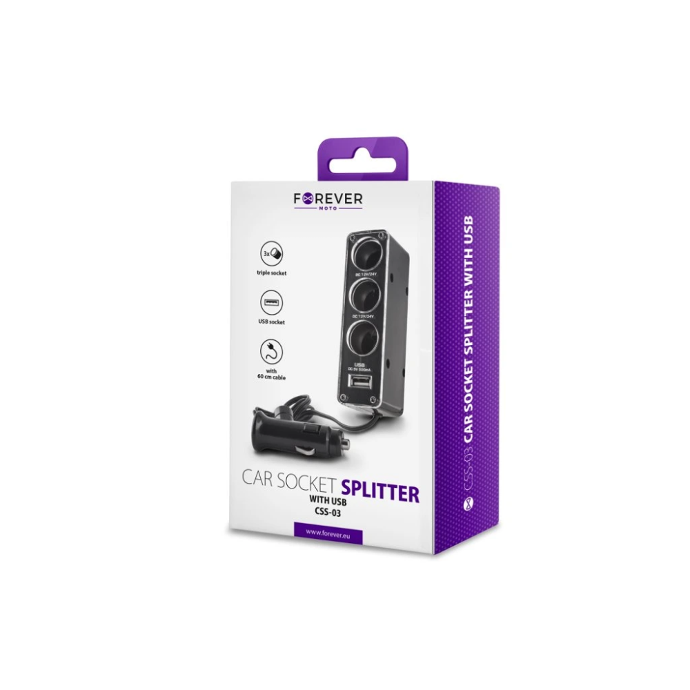 Adaptateur charge voiture Forever 3en1 avec câble USB noir