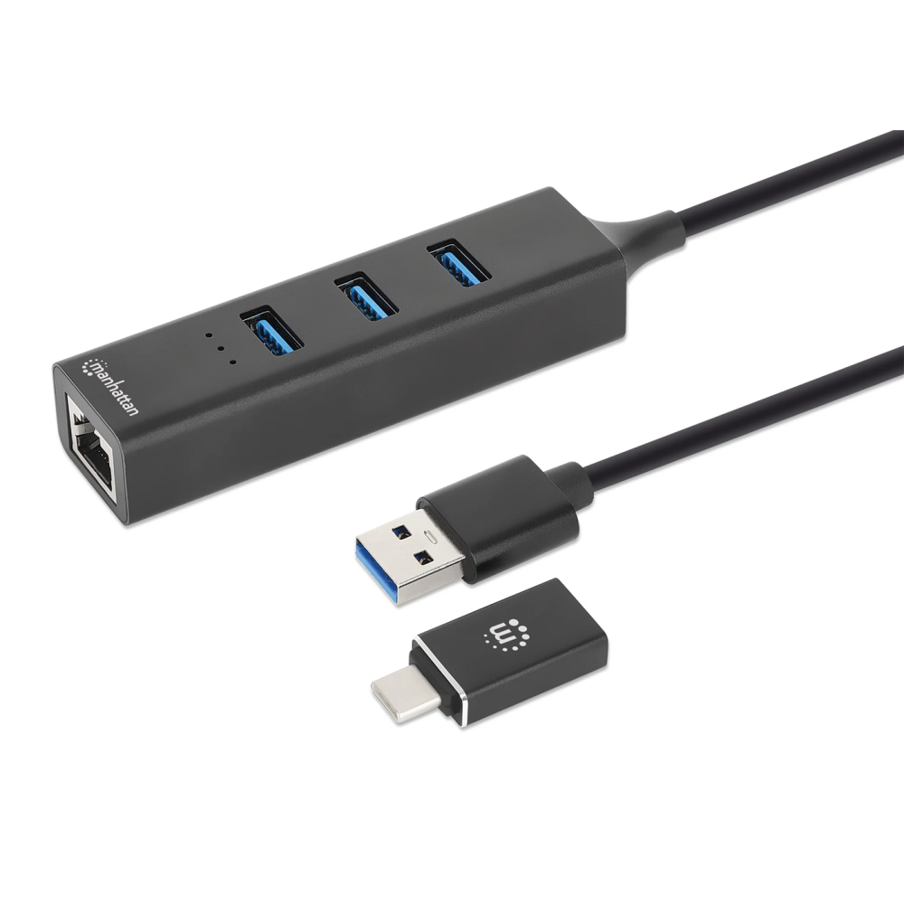 Hub Manhattan combiné USB 3.0 Type-C/A à 3 ports avec adaptateur réseau Gigabit Ethernet