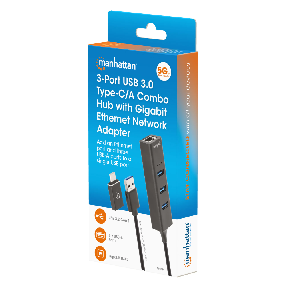 Hub Manhattan combiné USB 3.0 Type-C/A à 3 ports avec adaptateur réseau Gigabit Ethernet
