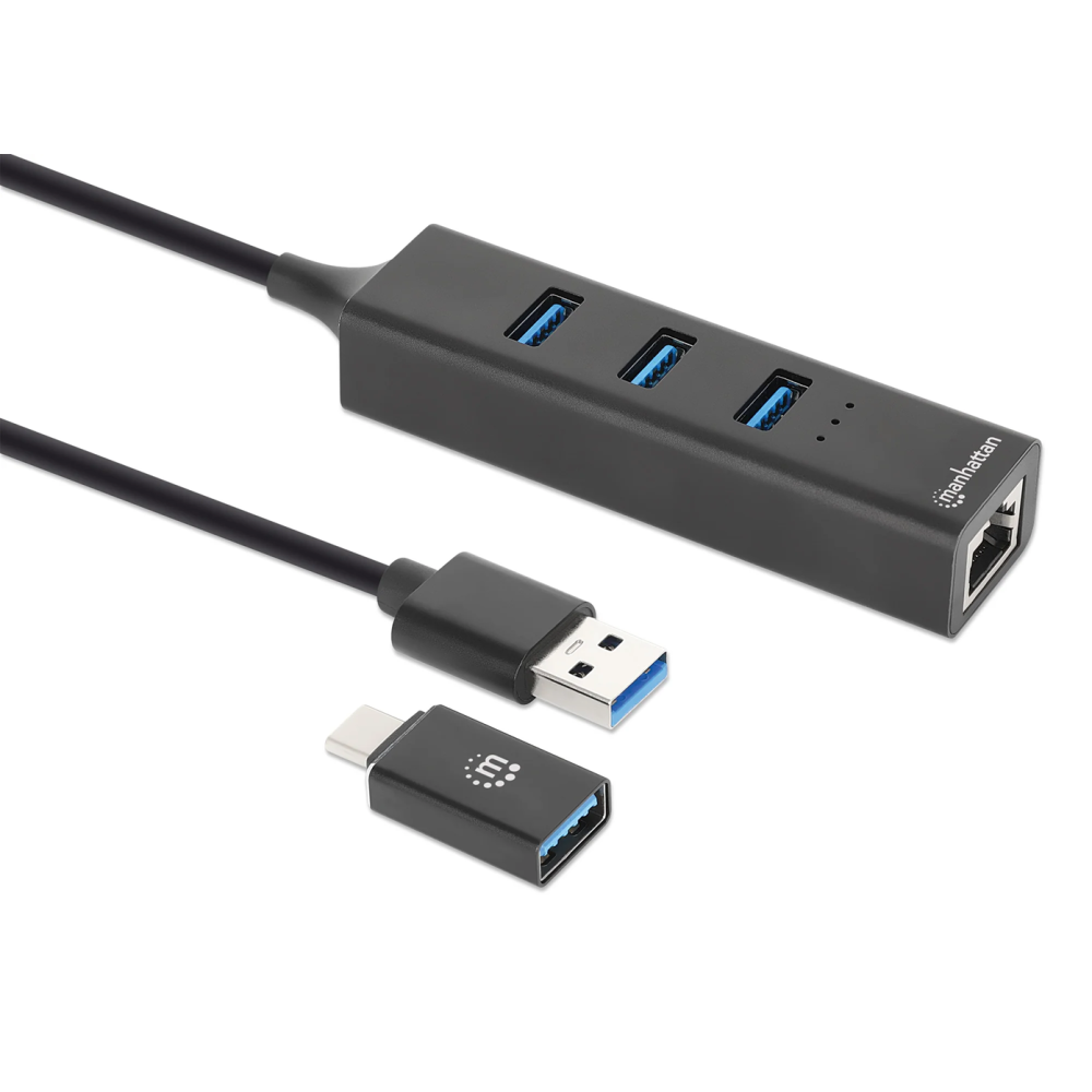 Hub Manhattan combiné USB 3.0 Type-C/A à 3 ports avec adaptateur réseau Gigabit Ethernet