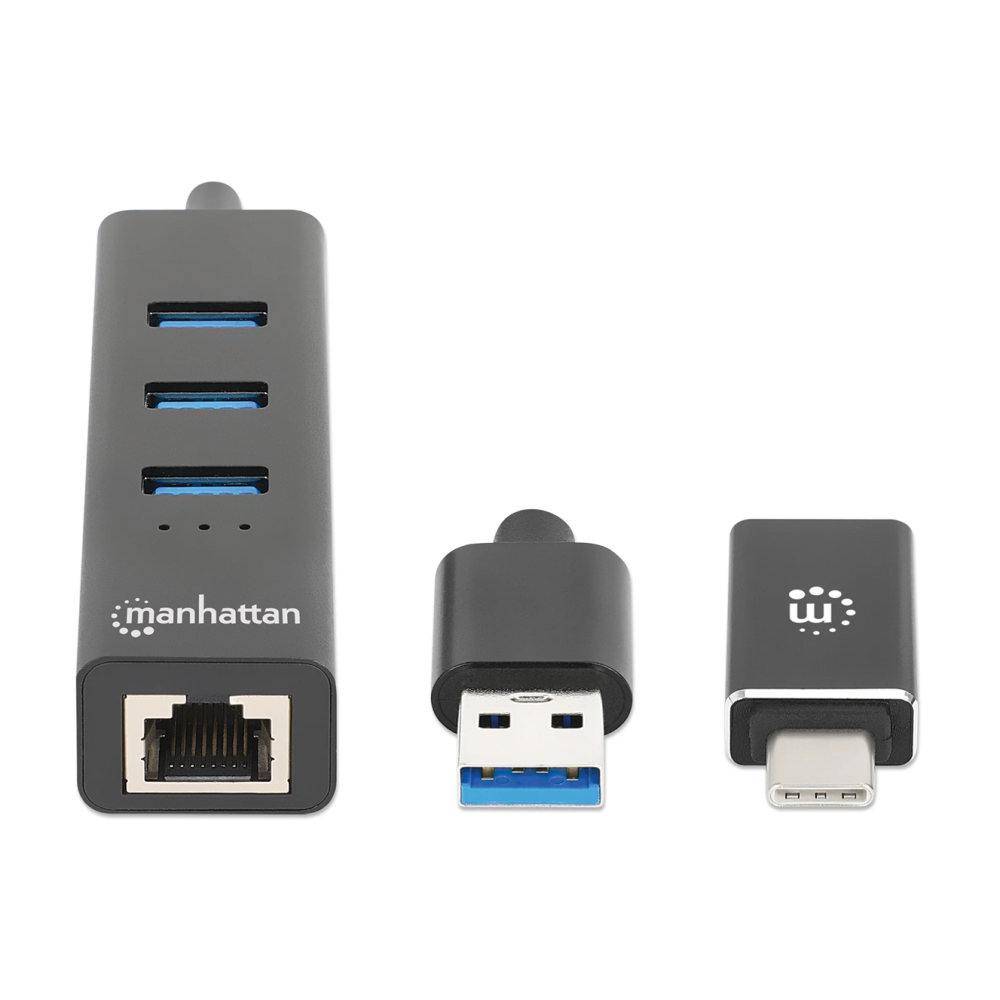 Hub Manhattan combiné USB 3.0 Type-C/A à 3 ports avec adaptateur réseau Gigabit Ethernet