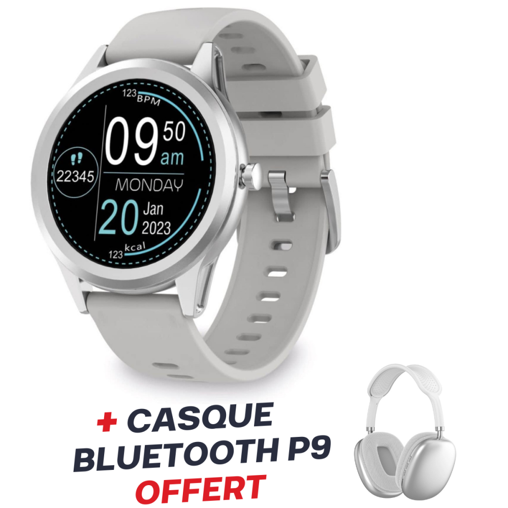 Smartwatch Ksix Globe 1.28" / Gris Avec Casque Bluetooth P9 Blanc Offert