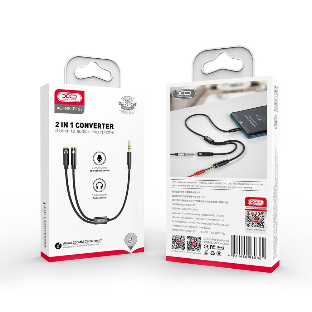 Câble audio XO 2en1 NB-R197 jack 3,5 mm - prise jack 3,5 mm / microphone 0,23 m
