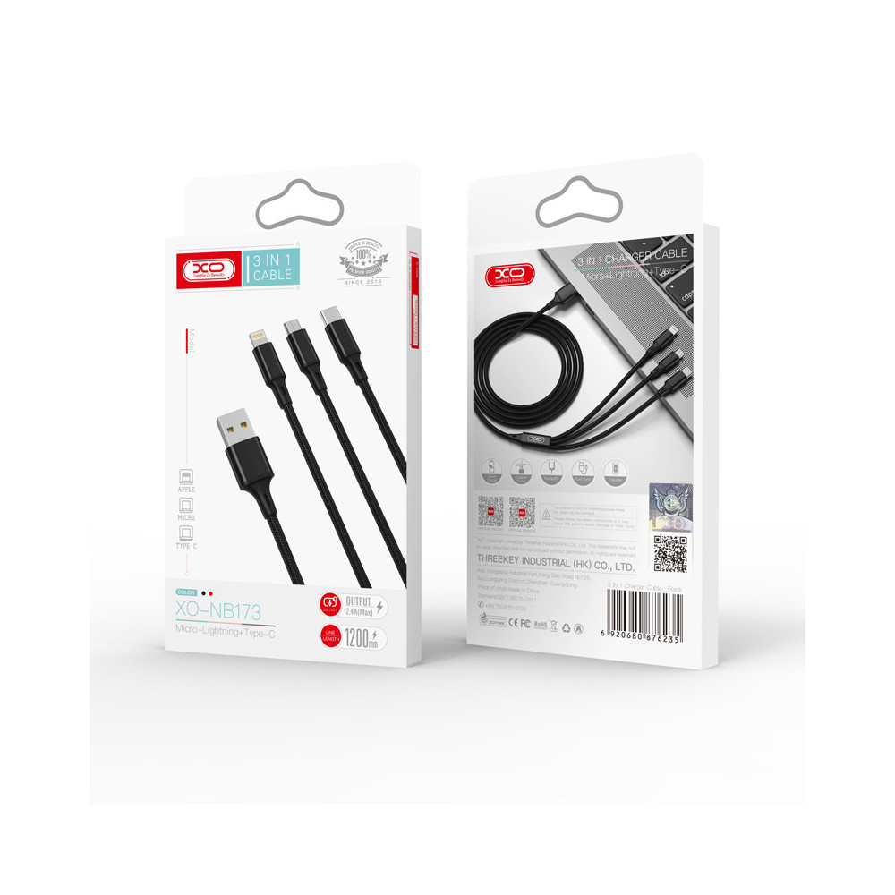 Câble XO NB173 3en1 USB - Lightning + USB-C + microUSB 1,2 m 2,4A noir