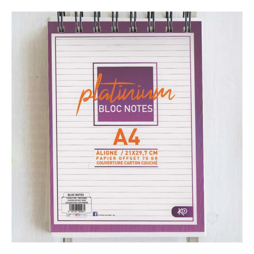 Bloc Note KO WIRO Platinum A4 (21 x 29.7 cm) à Ligne
