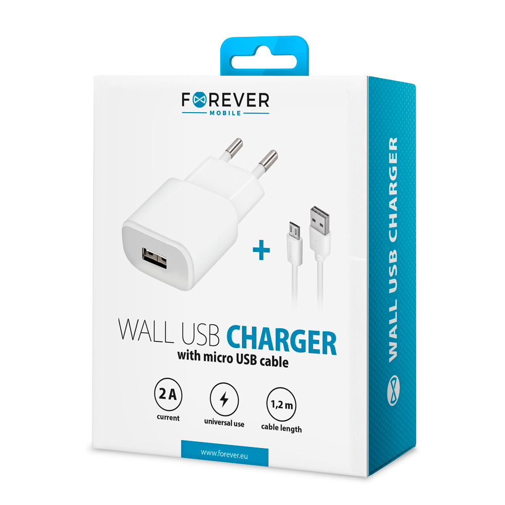 Chargeur Forever TC-01 1x USB 2A BLANC + cable microUSB