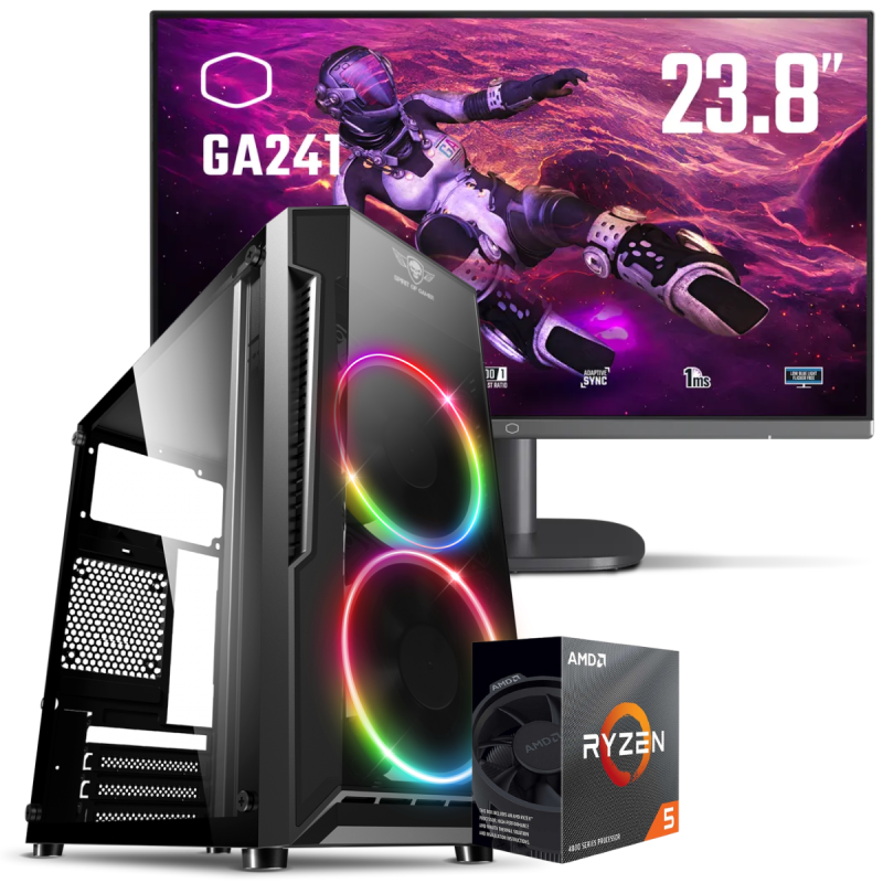 Setup Gamer Special Pc de Bureau Gaming / Ryzen 5 3400G / Vega 11 / 16 Go Avec Écran Gaming Cooler Master 24" Full HD VA / 100 Hz