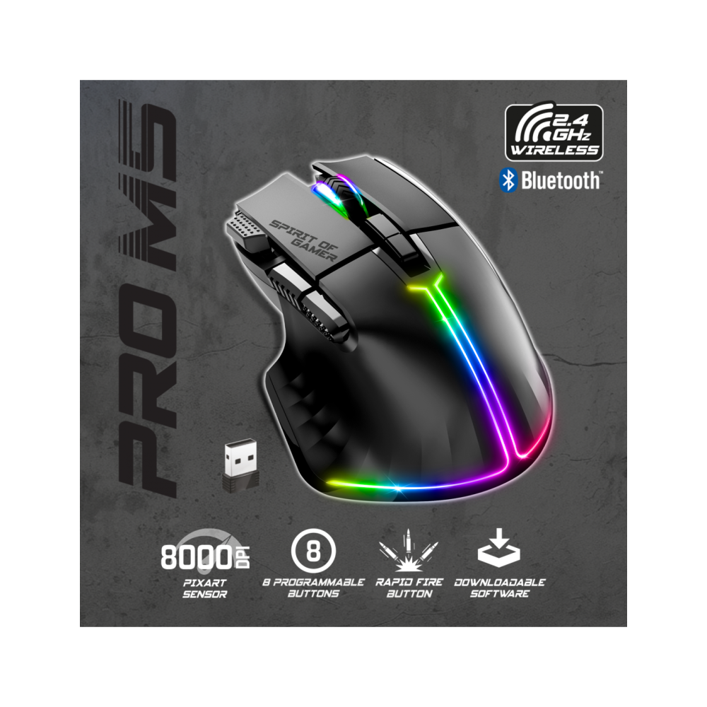Souris Gamer sans fil Spirit of Gamer PRO M5 DARK 8000 DPI - NOIR