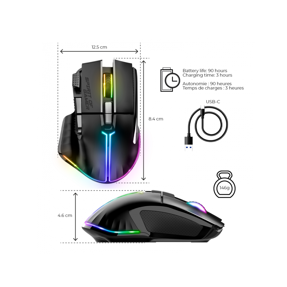 Souris Gamer sans fil Spirit of Gamer PRO M5 DARK 8000 DPI - NOIR