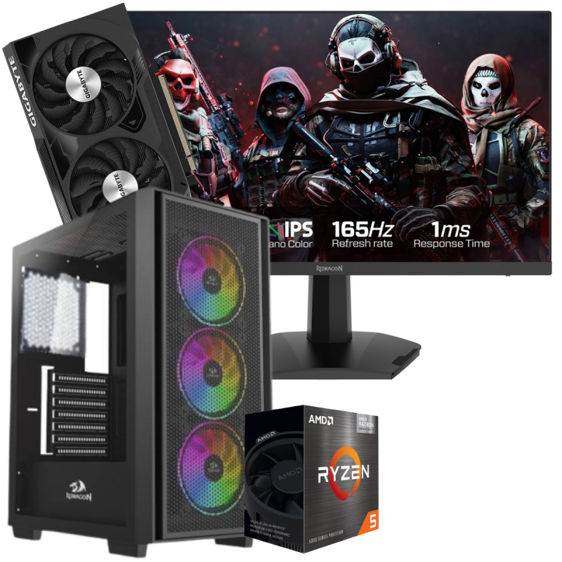 Setup Gamer Special Pc de Bureau Gaming / Ryzen 5 5600X / RTX 4060 8G / 16 Go Avec Écran Gaming Redragon 24" Full HD IPS / 180 Hz