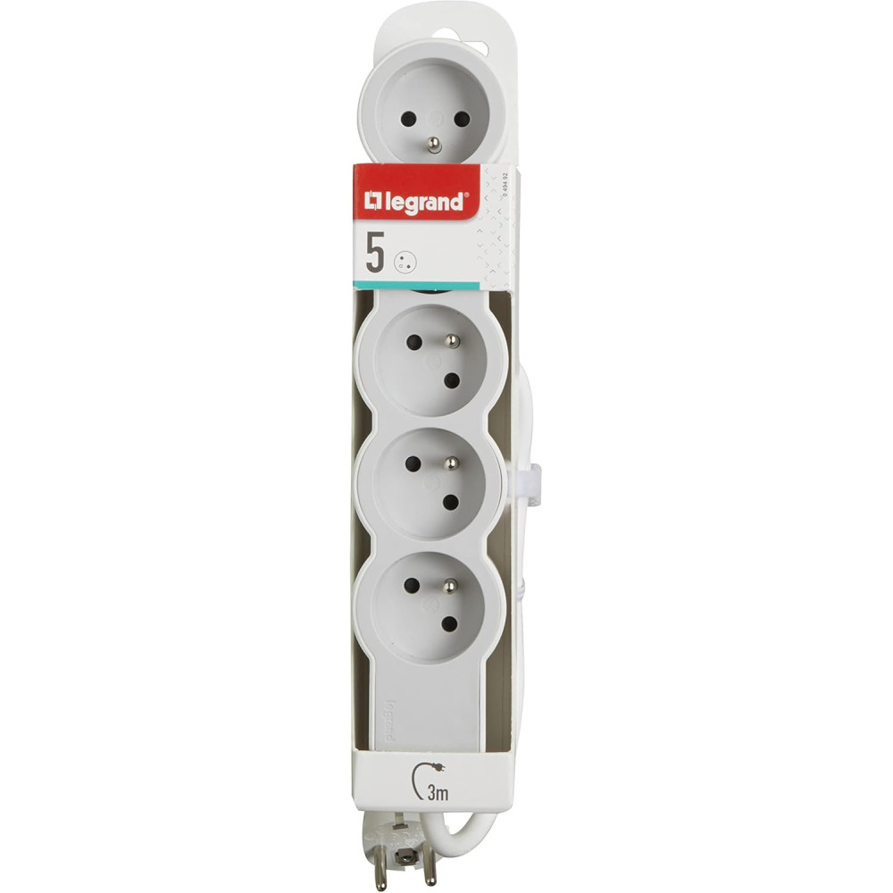 Multiprise extra-plate 5 prises 2P+T 16A 3680W 3M blanc et gris clair