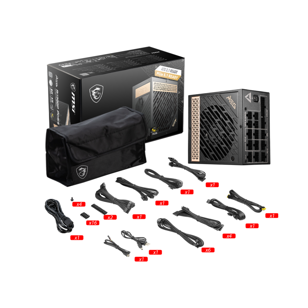 Boîte d'alimentation MSI MEG Ai1300P PCIE5 / 1300 Watts / 80 PLUS Platinum / ATX / Noir