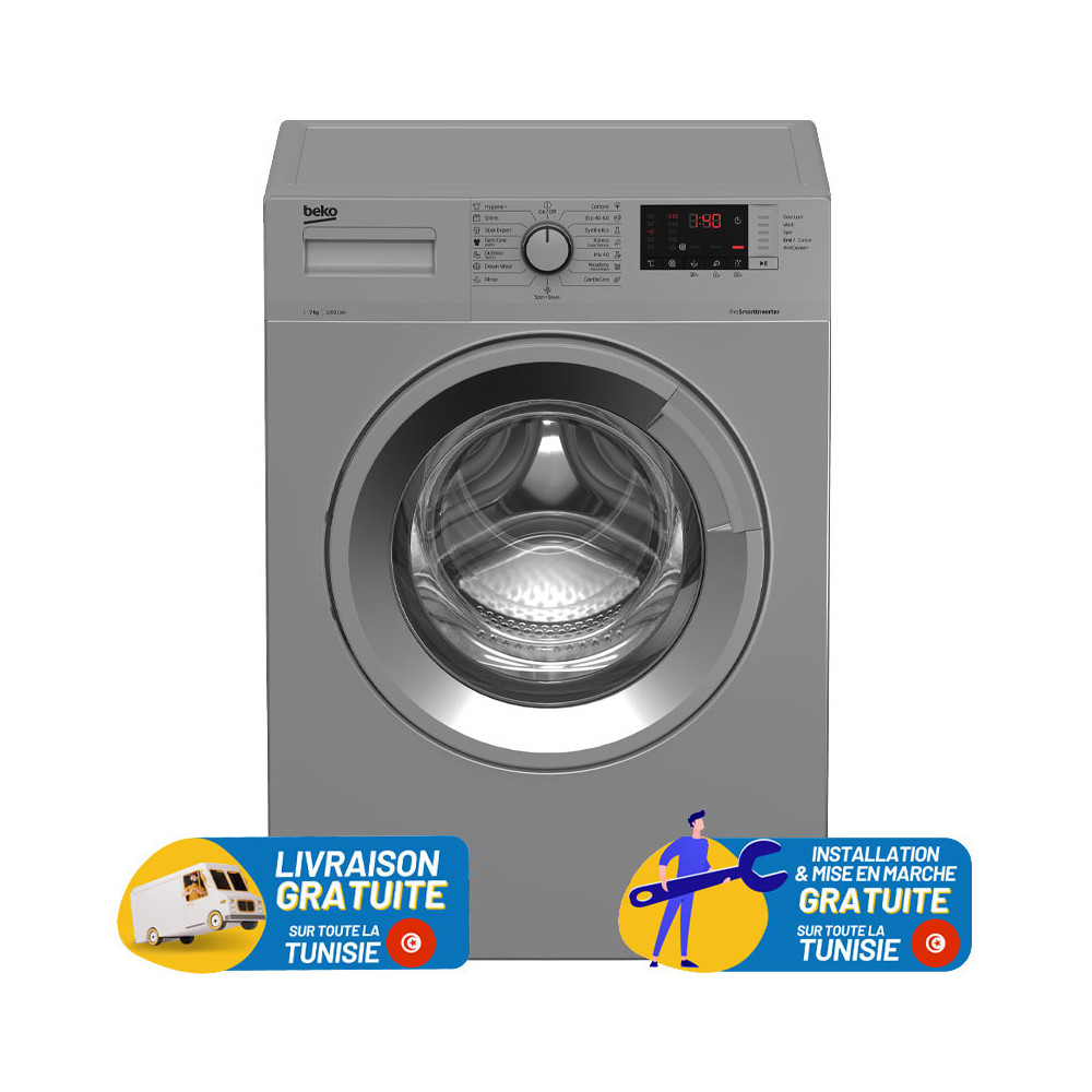 Machine à laver Automatique Pro Inverter Beko 7Kg / 1000trs / Gris  / WUE7612XSS