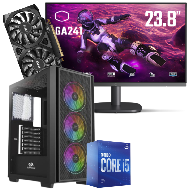 Setup Gamer Special Pc de Bureau Gaming / i5-10400F / RTX 3050 6G / 16 Go Avec Écran Gaming Cooler Master 24" Full HD VA / 100 Hz