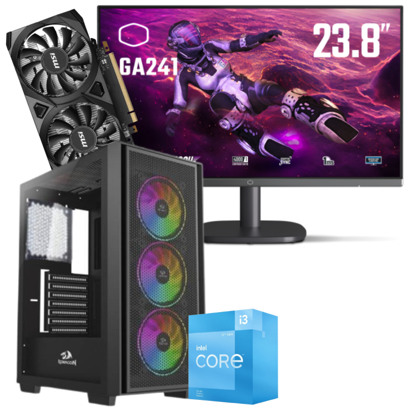 Setup Gamer Special Pc de Bureau Gaming / i3-12100F / RTX 3050 6G / 16 Go Avec Écran Gaming Cooler Master 24" Full HD VA / 100 Hz