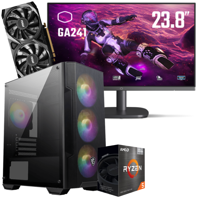 Setup Gamer Special Pc de Bureau Gaming / Ryzen 5 3600 / RTX 3050 8G / 16 Go Avec Écran Gaming Cooler Master 24" Full HD VA / 100 Hz