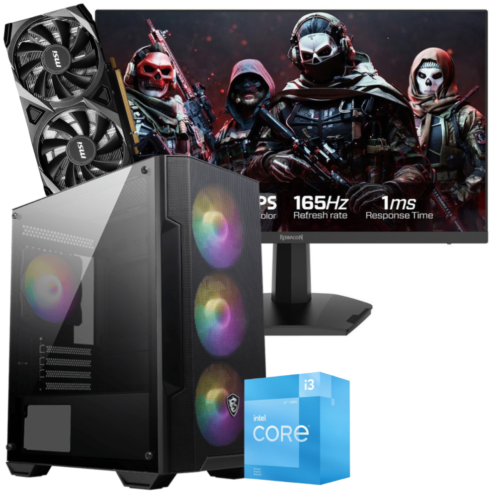 Setup Gamer Special Pc de Bureau Gaming / i3-12100F / RTX 3050 8G / 16 Go Avec Écran Gaming Redragon 24" Full HD IPS / 180 Hz