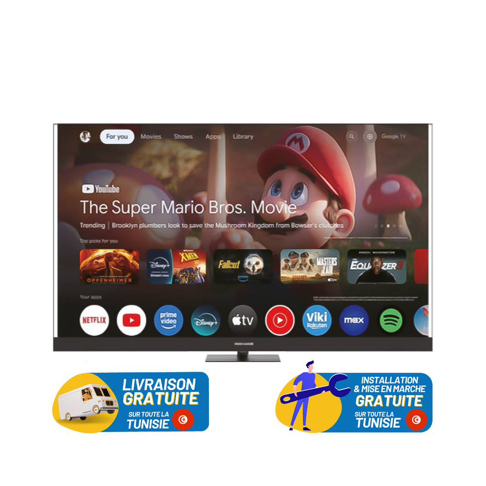 Téléviseur MAXWELL 55" QLED 4K UHD SMART GOOGLE TV avec RECEPTEUR INTEGRE et Barre de SON  / MAX-QA55MG60SB