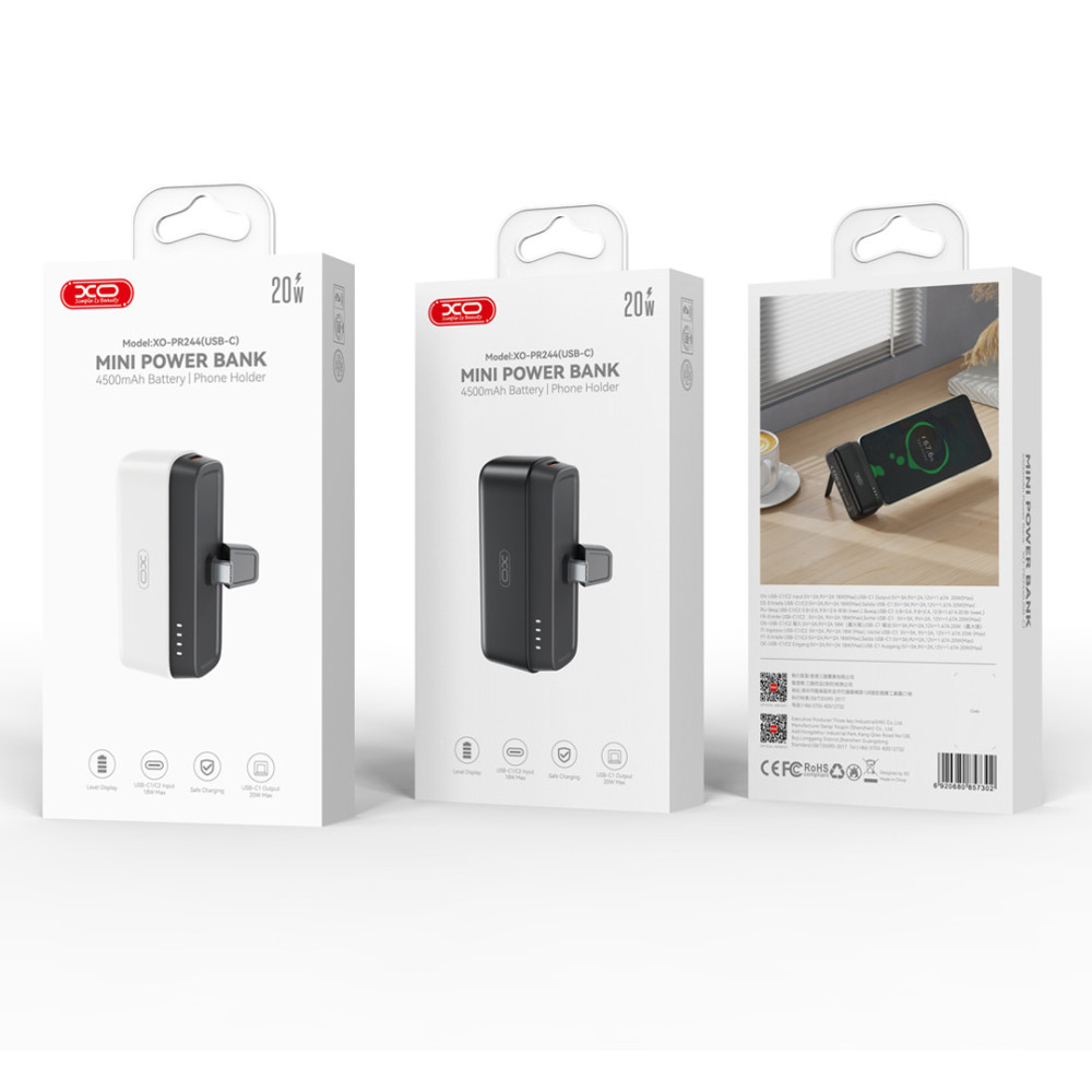Powerbank mini XO PR244 20W 5000 mAh avec connecteur USB-C noir