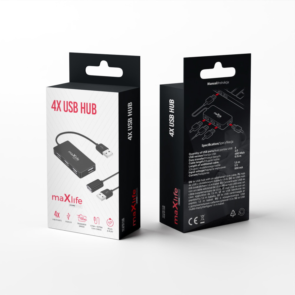 Hub USB Maxlife Home Office USB 2.0 - 4x USB 0,15 m noir + câble 1,5 m