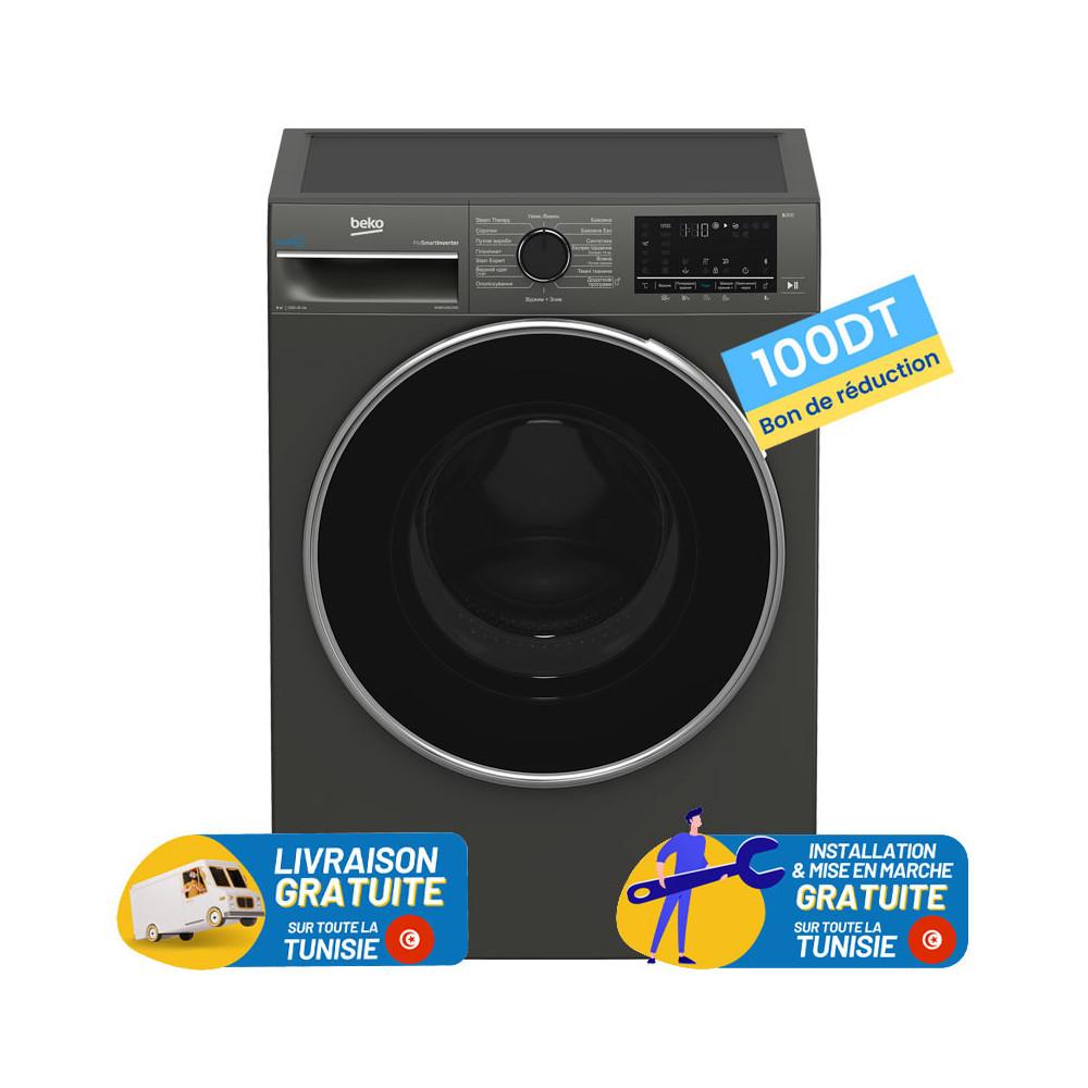 Machine a laver Beko 8kg 1200tr à vapeur INVERTER / Noir et Gris / B3WFU5822MG + 100DT Bon de Réduction