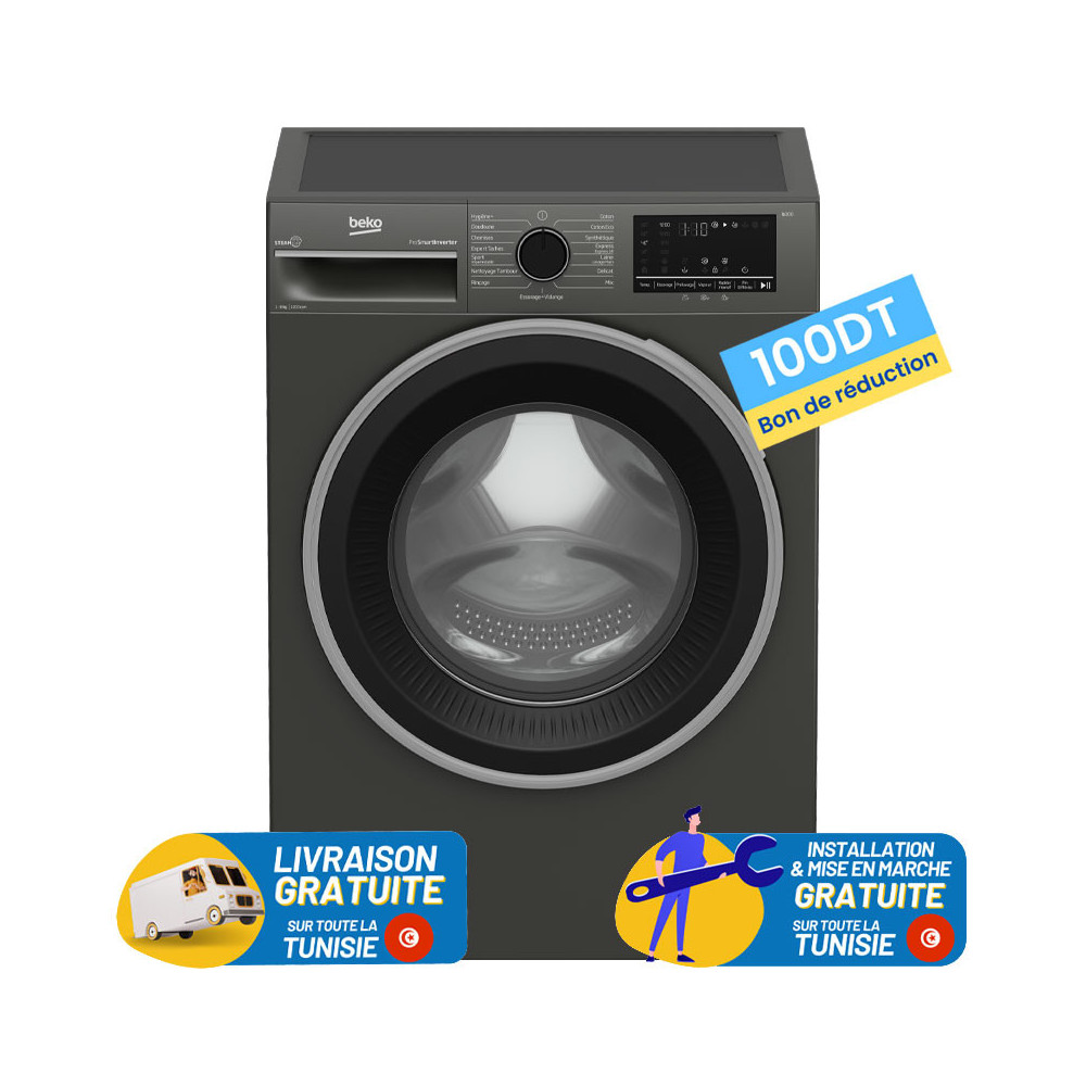 Machine a laver Beko 8kg 1200T à Vapeur INVERTER Gris / B3WFU4822MG / + 100DT Bon de Réduction