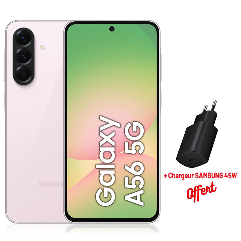 Smartphone Samsung Galaxy A56 5G 8/128 Go / Light PINK + Chargeur SAMSUNG 45W OFFERT