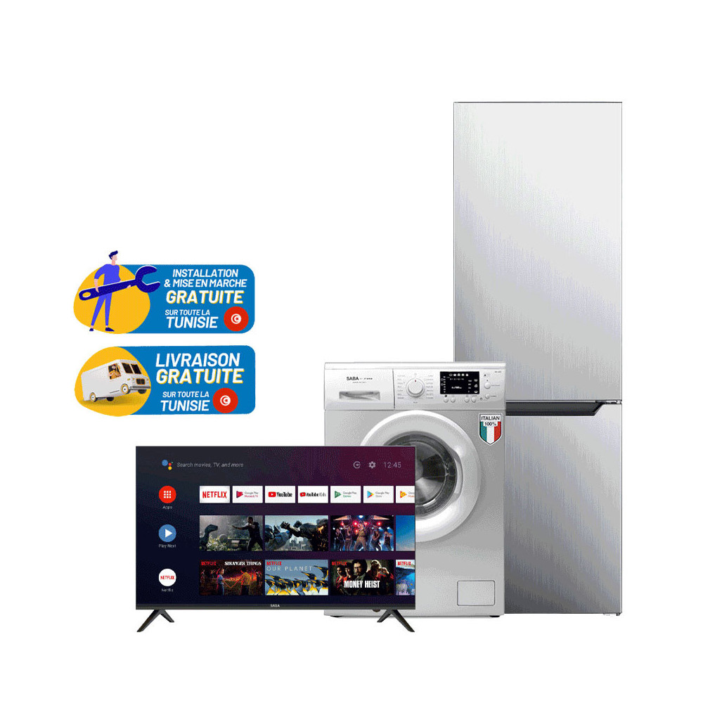 Réfrigérateur Combiné SABA SILVER +Machine à laver SABA 7KG +TV SABA 50 4K