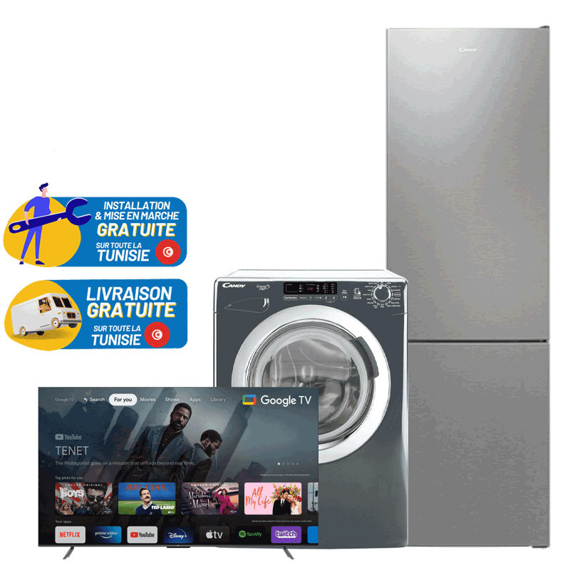 REFRIGERATEUR COMBINE CANDY INOX +Machine à laver CANDY 9KG +TV TCL 50P735 4K