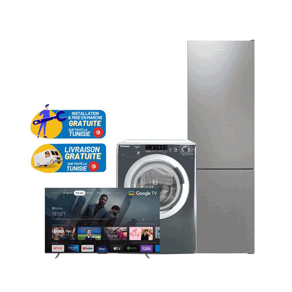REFRIGERATEUR COMBINE CANDY INOX +Machine à laver CANDY 9KG +TV TCL 50P735 4K