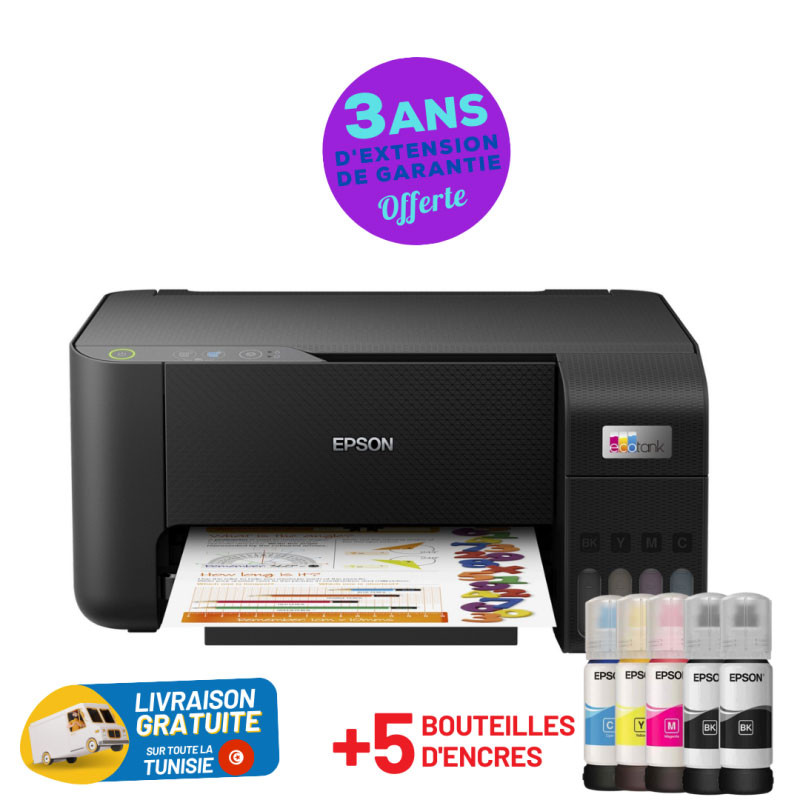 Imprimante Multifonction à réservoir intégré 3en1 couleur Epson ECOTANK L3250 / A4 /  WiFi + 5 Bouteilles d'encres Epson Incluses