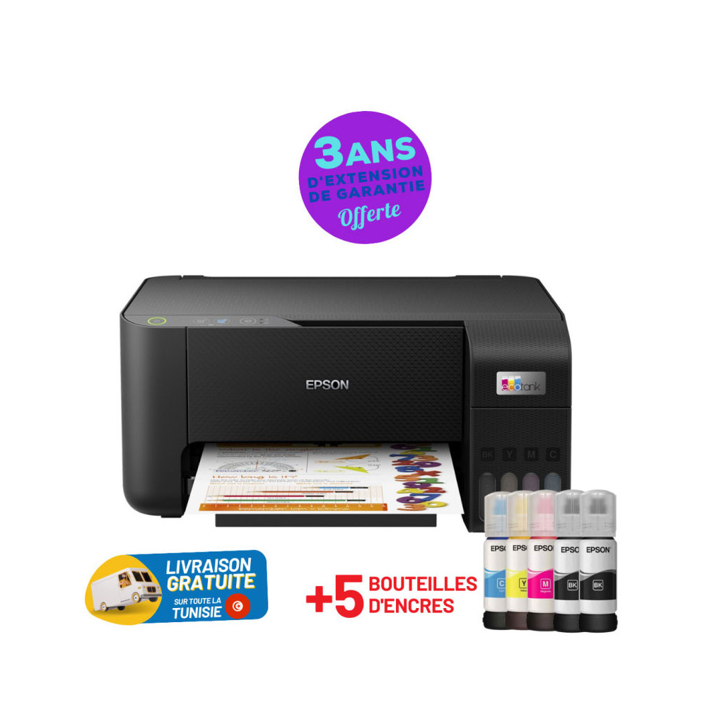 Imprimante Multifonction à réservoir intégré 3en1 couleur Epson ECOTANK L3251 / WiFi + 5 Bouteilles d'encre Epson Incluses