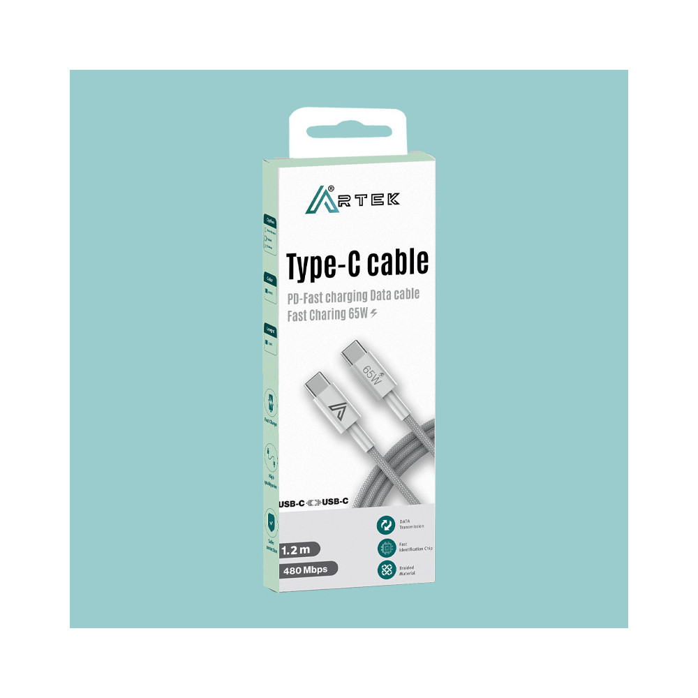 Câble Type C to C 1.2m ARTEK 65Watt Data & charge Tissue Renforcée