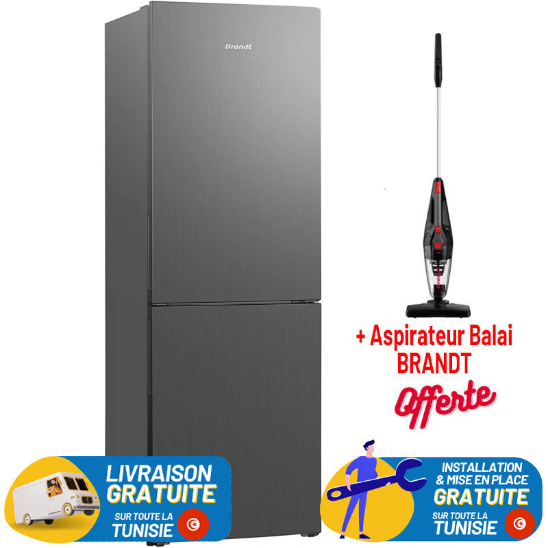 Réfrigérateur Combiné Brandt No Frost / 380L / Inox  + Aspirateur Balai BRANDT OFFERT