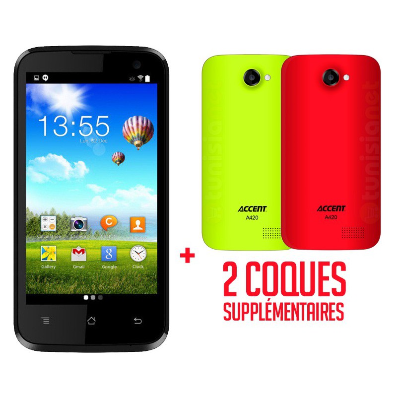 Téléphone Portable Accent A420C / Double SIM / Noir + 2 Coques
