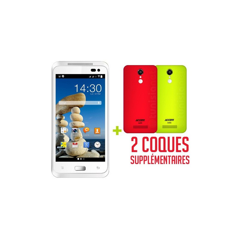 Téléphone Portable Accent A455C / Double SIM / Blanc + 2 Coques