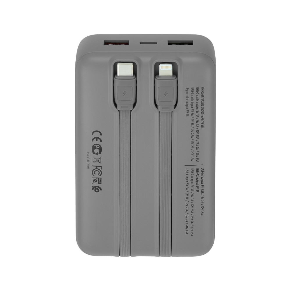 Power Bank RIVACASE VA2612 / 20000 mAh / Charge ultra rapide PD 30W / Avec 2 câbles intégrés / Gris