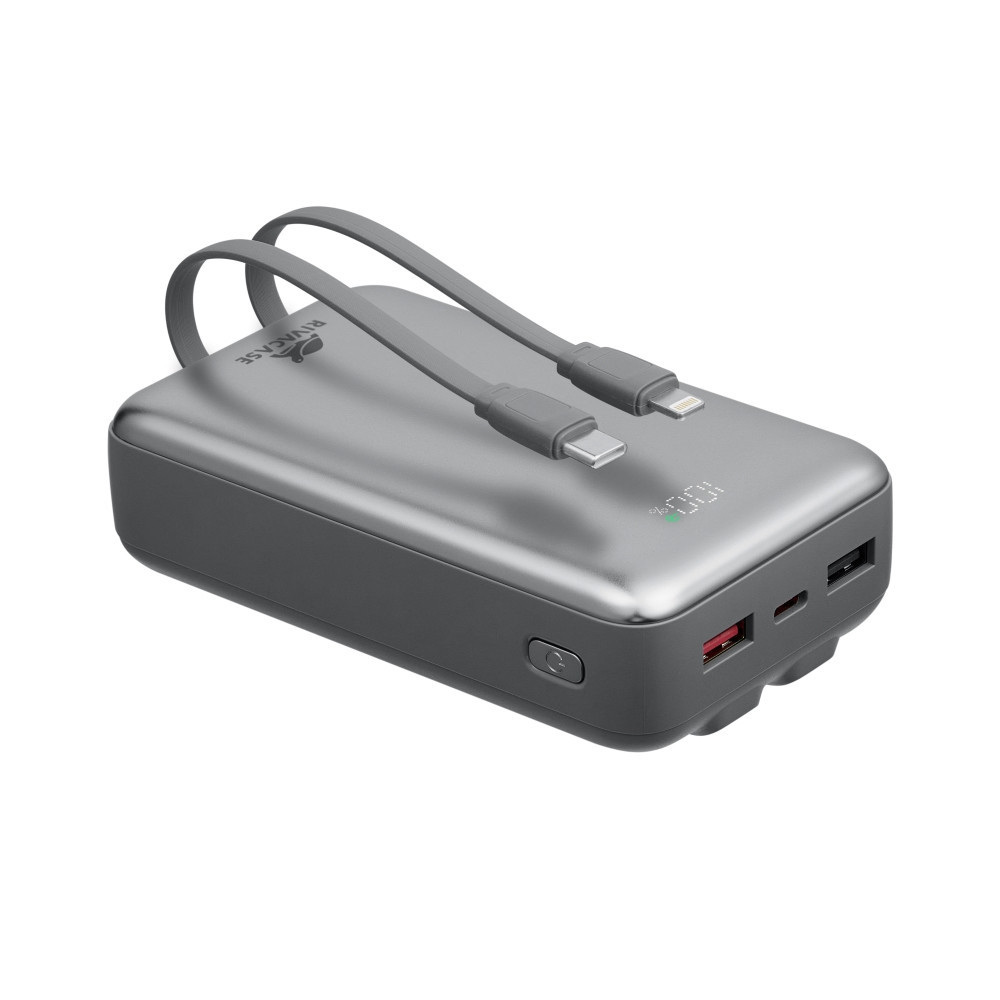 Power Bank RIVACASE VA2612 / 20000 mAh / Charge ultra rapide PD 30W / Avec 2 câbles intégrés / Gris