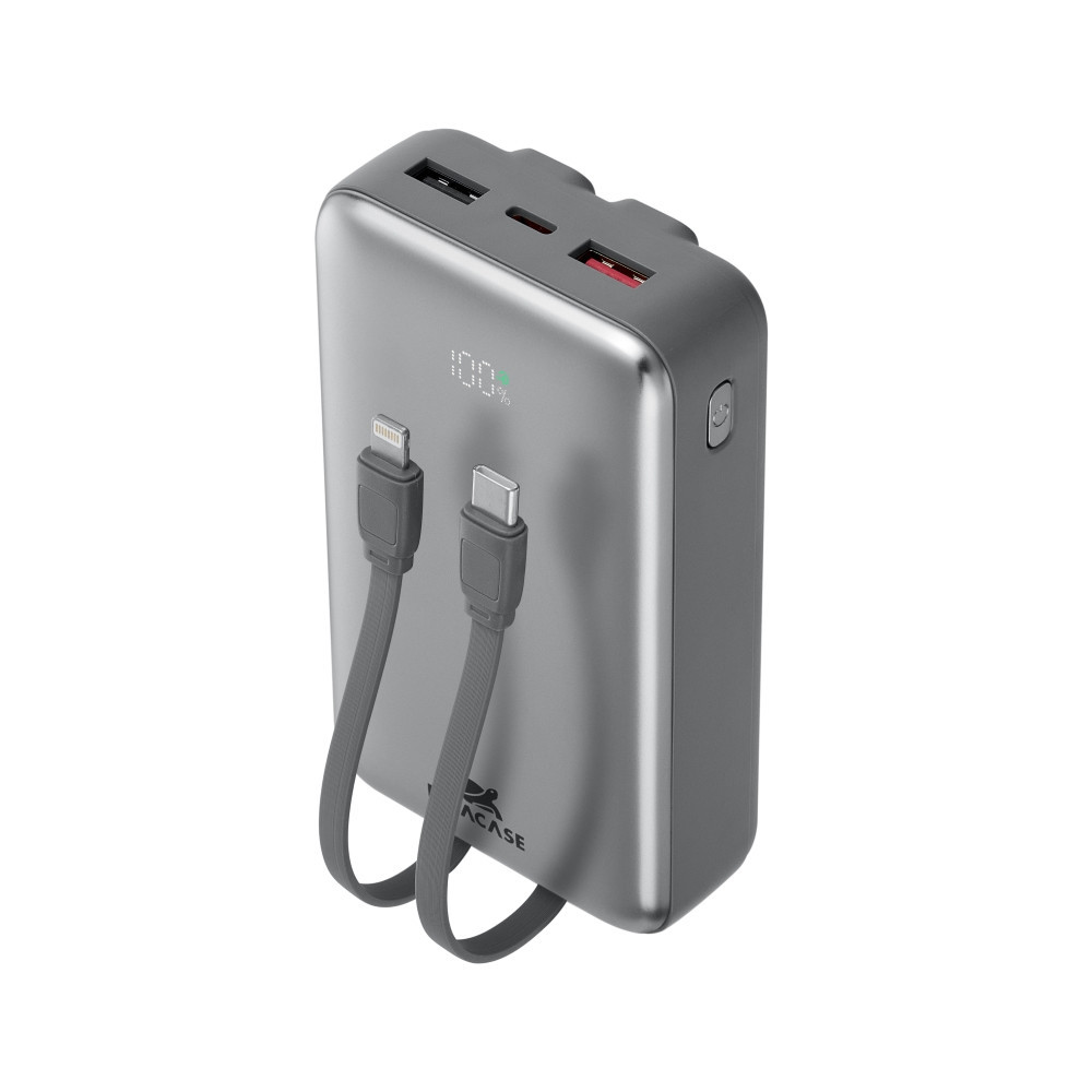 Power Bank RIVACASE VA2612 / 20000 mAh / Charge ultra rapide PD 30W / Avec 2 câbles intégrés / Gris