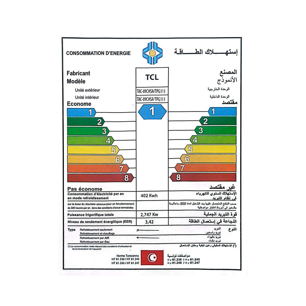 Climatiseur TCL 9000BTU Chaud Froid INVERTER