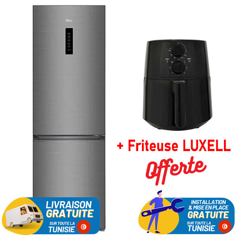 REFRIGERATEUR TCL No Frost COMBINE 318 Litres INOX / Avec Afficheur + Friteuse LUXELL OFFERTE (G-LX-FC5130)