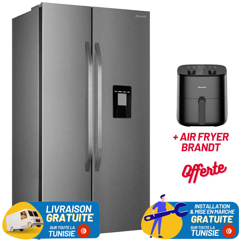 Réfrigérateur Side by Side Brandt 617Litres  / Inox  avec Distributeur d'eau + AIR FRYER BRANDT OFFERTE