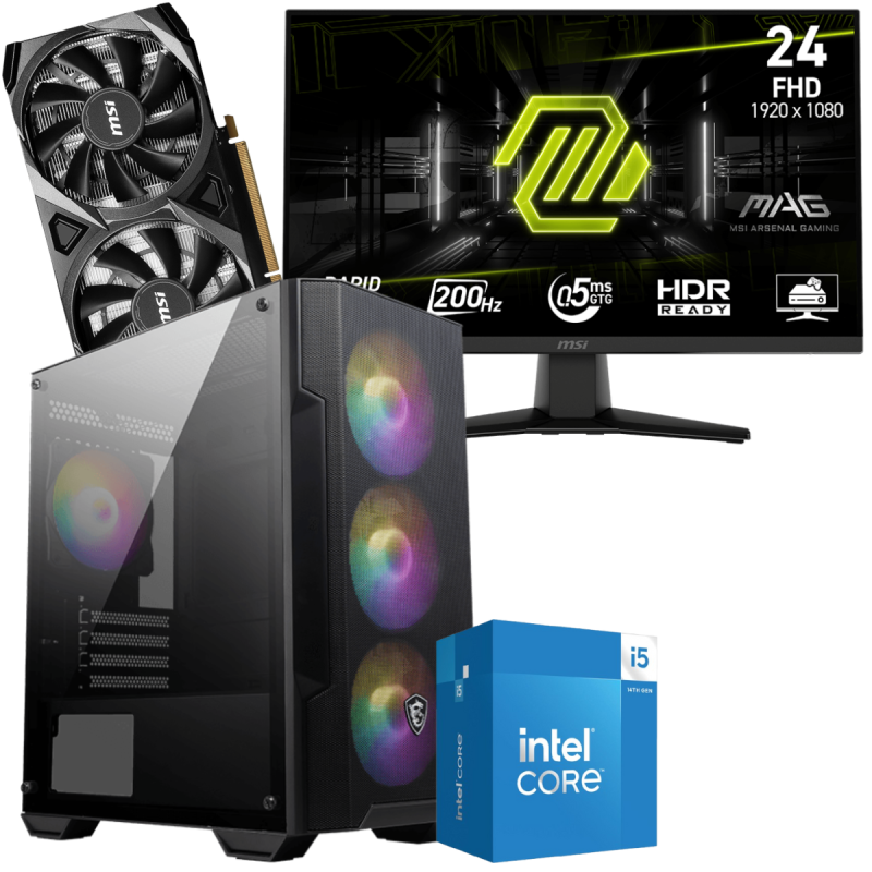 Setup Gamer Special Pc de Bureau Gaming / i5-14400F / RTX 3050 8G / 16 Go Avec Écran Gaming MSI MAG 244F 24" Full HD IPS / 200 Hz