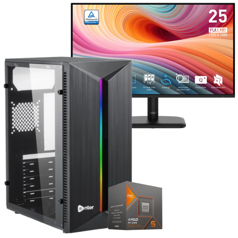 Setup Gamer Special Pc de Bureau Gaming / Ryzen 5 8600G / AMD / 16 Go DDR5 Avec Écran MSI PRO MP251L E2 24.5" Full HD IPS / 120 Hz