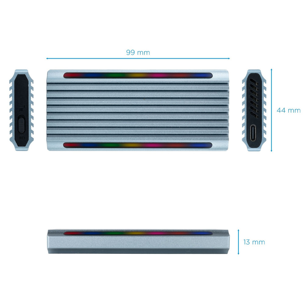 Boîtier externe USB-C 3.2 Tooq Shinobi RGB - S-ATA/NVMe M.2 Type 2280 / Gris