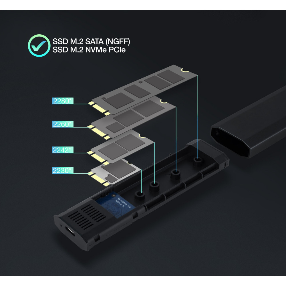 Boîtier externe USB-C 3.2 Tooq Shura - S-ATA/NVMe M.2 Type 2280 / Noir