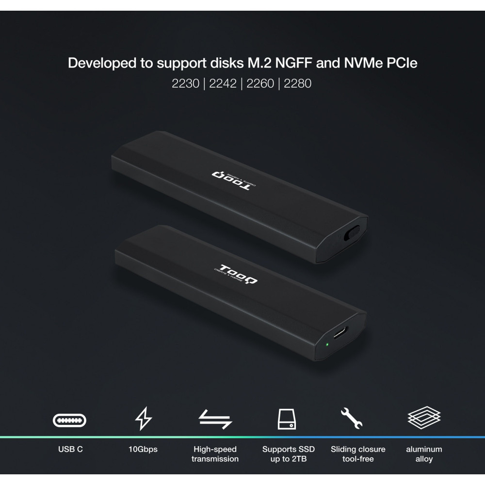 Boîtier externe USB-C 3.2 Tooq Shura - S-ATA/NVMe M.2 Type 2280 / Noir