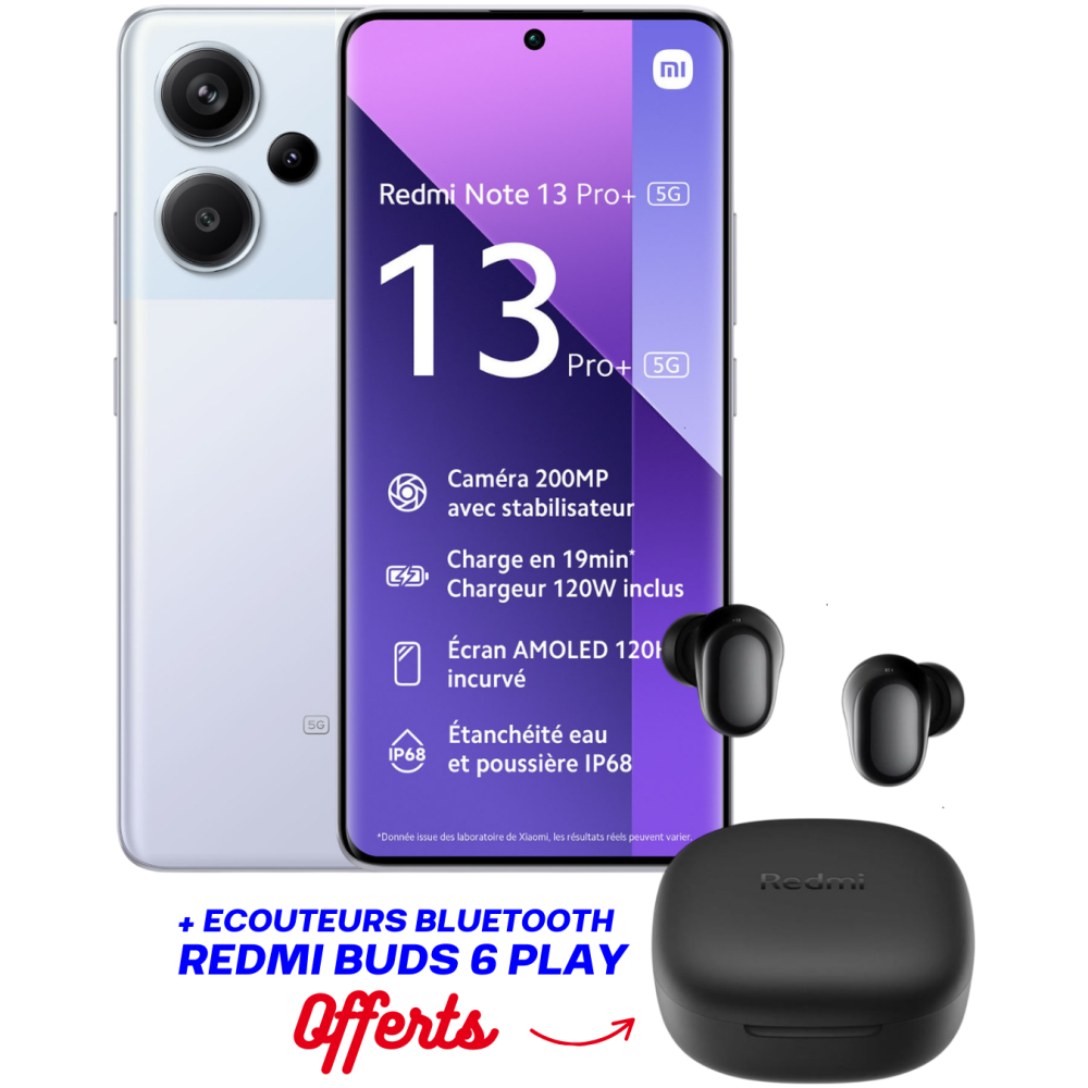 Smartphone XIAOMI Redmi Note 13 PRO+ 5G/ 12GO /512GO / Violet + Ecouteurs Bluetooth Redmi buds 6 play Offerts