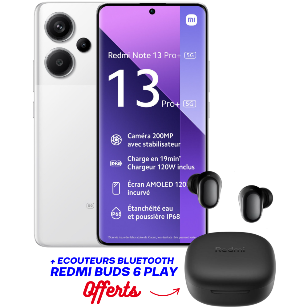 Smartphone XIAOMI Redmi Note 13 PRO + 5G/ 12GO /512GO / WHITE + Ecouteurs Bluetooth Redmi buds 6 play Offerts