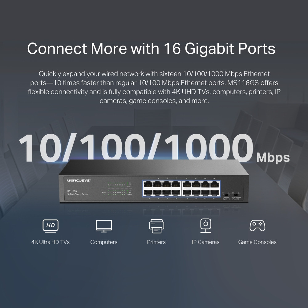 Switch de Bureau / rackable MERCUSYS MS116GS 16 Ports Gigabit 10/100/1000 Mbps